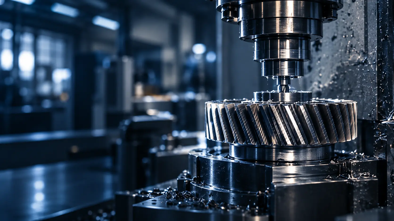A helical gear being cut on a CNC machine.
