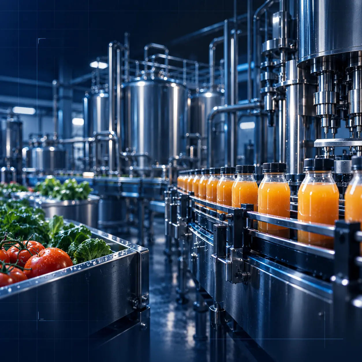 Food and beverage processing line with bottled juice and fresh produce