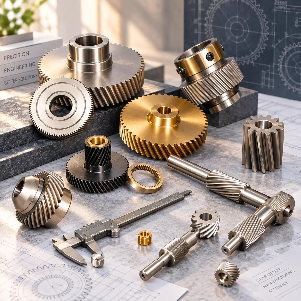 Helical gears, worm shafts and splined components on the bench.