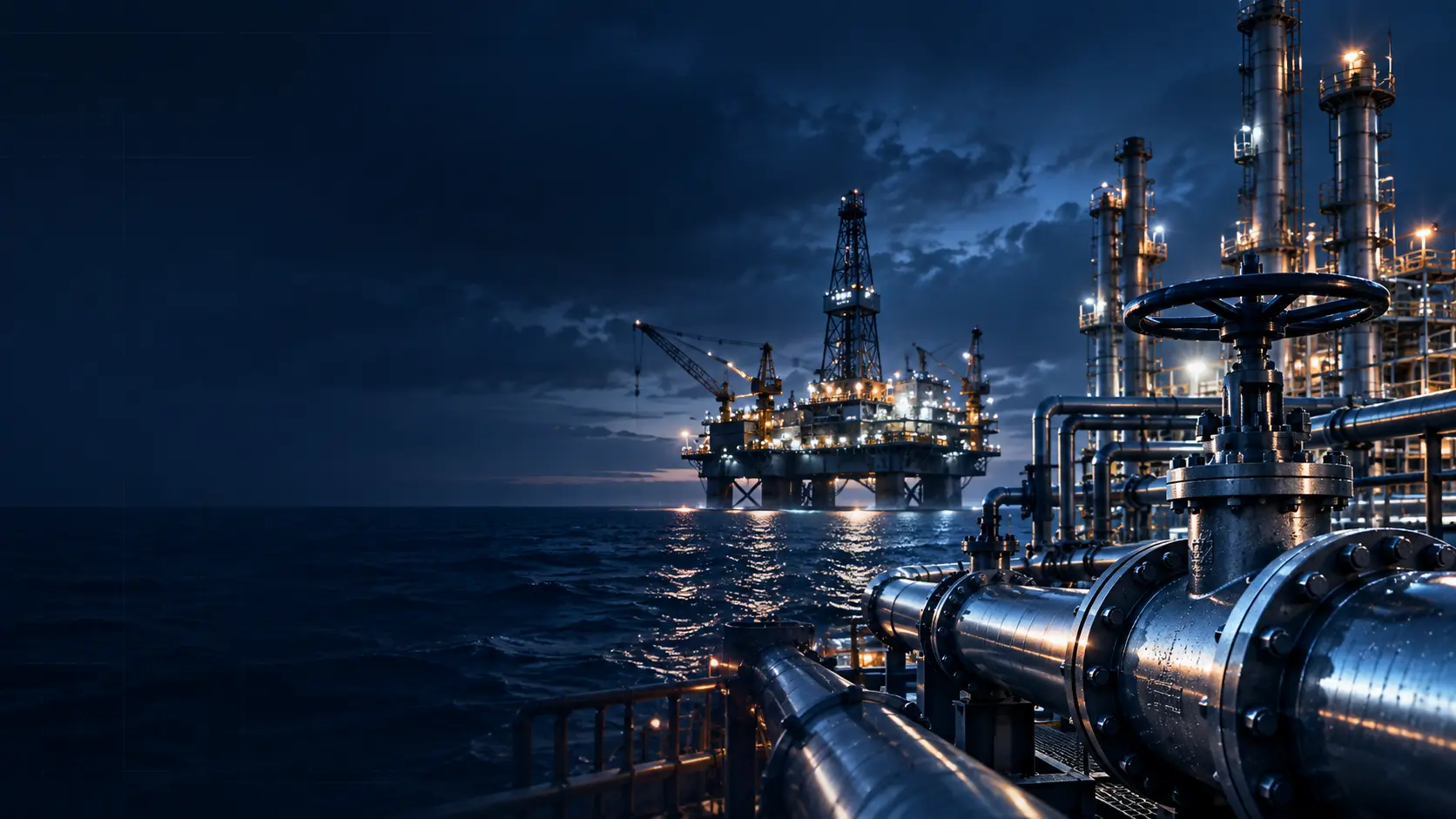 Offshore oil rig and pipeline valves at night