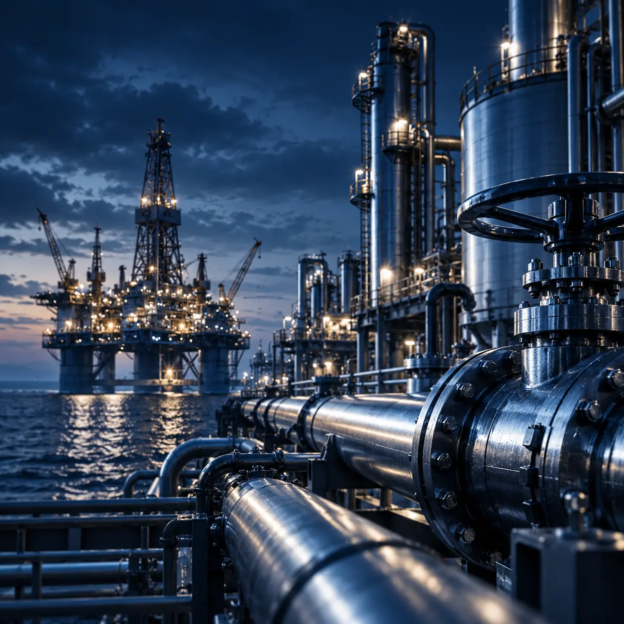 Offshore oil platform with pipeline and processing equipment