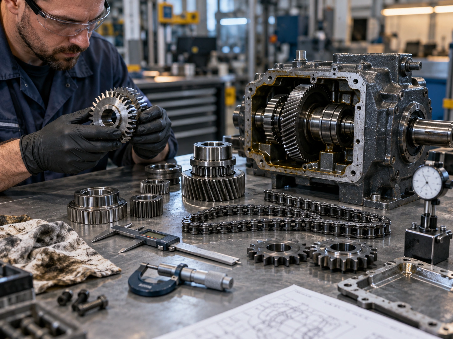 Technician inspecting precision gear components with gauges